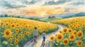Two young boys walk hand in hand down a winding path through a vast sunflower field Royalty Free Stock Photo